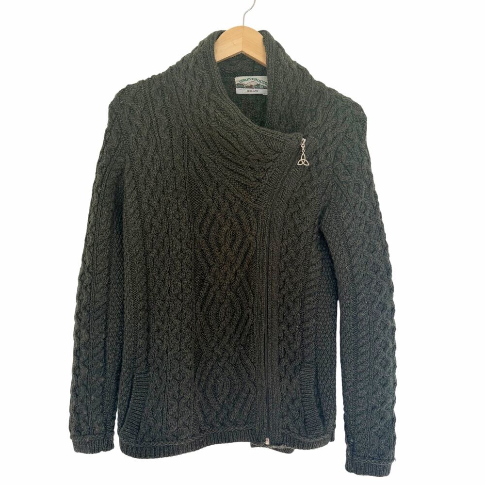 Aran Crafts Ireland Green 100% Merino Wool Assymetrical Knit Sweater Sz XS